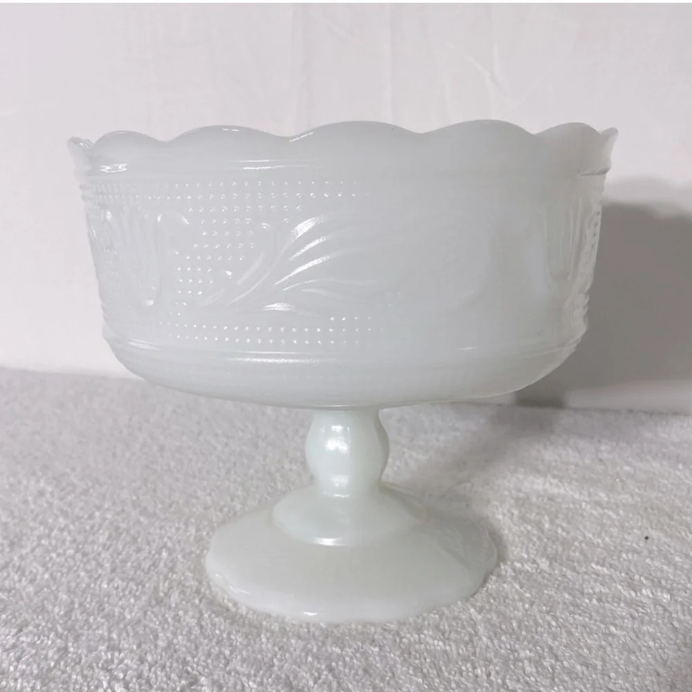 Vintage E.O. Brody Milk Glass Floral Compote Footed  Scallop Edge Goblet Dish